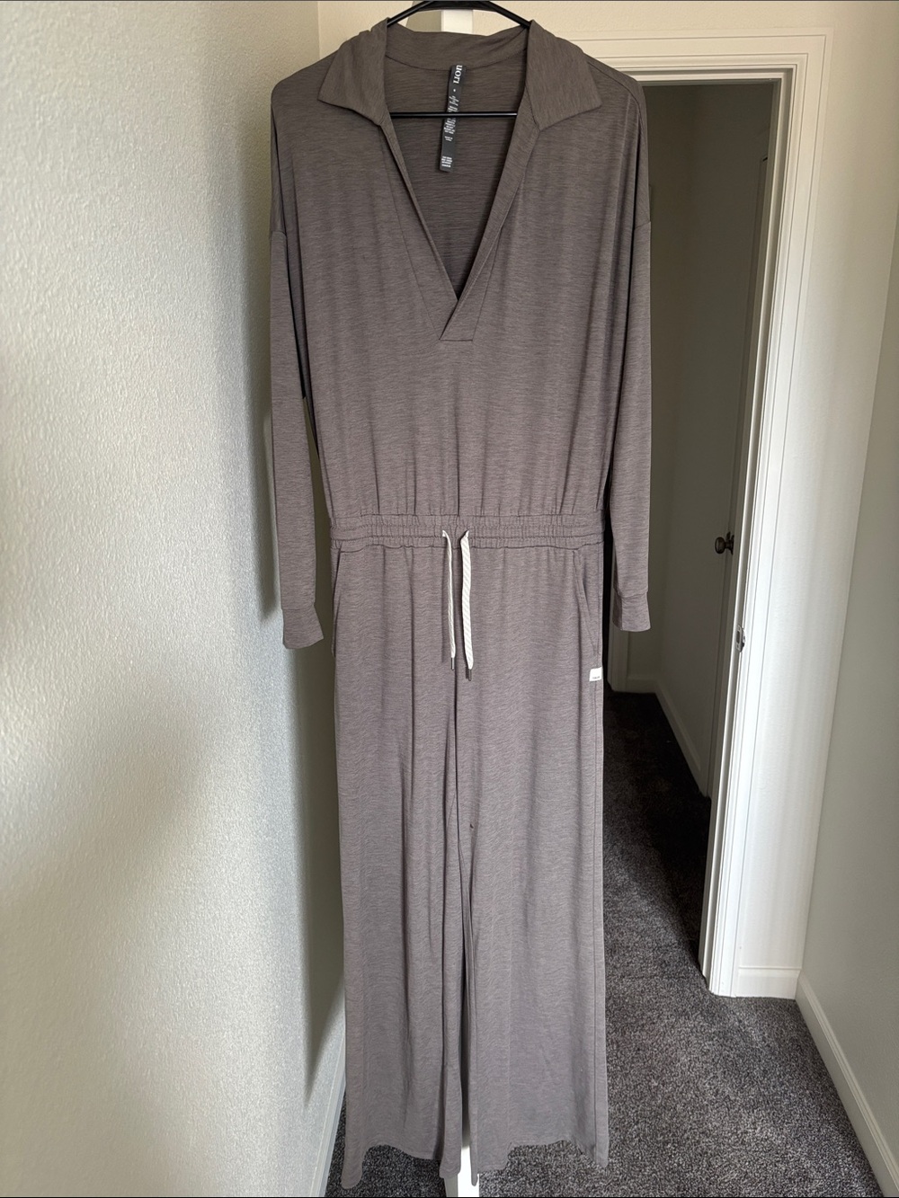 Vuori  lux Taupe V-Neck Drawstring Jumpsuit